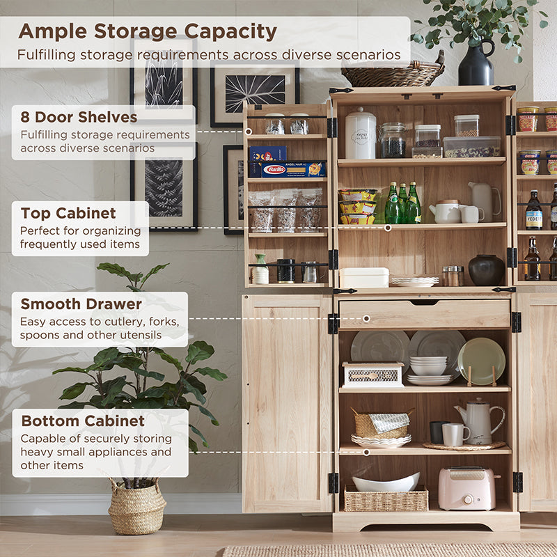 JXQTLINGMU 72 inch Kitchen Pantry with Rattan Doors, Kitchen Wood Cupboard