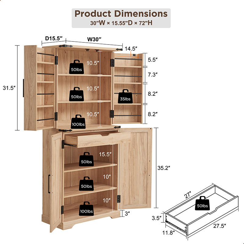 JXQTLINGMU 72 inch Kitchen Pantry with Rattan Doors, Kitchen Wood Cupboard