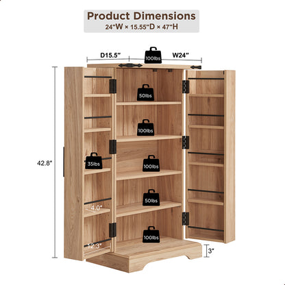 JXQTLINGMU 47 inch Wooden Storage Cabinet, Rattan Pantry Cabinet with Door Shelves, Cupboard Organizer