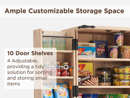 JXQTLINGMU 47 inch Wooden Storage Cabinet, Rattan Pantry Cabinet with Door Shelves, Cupboard Organizer